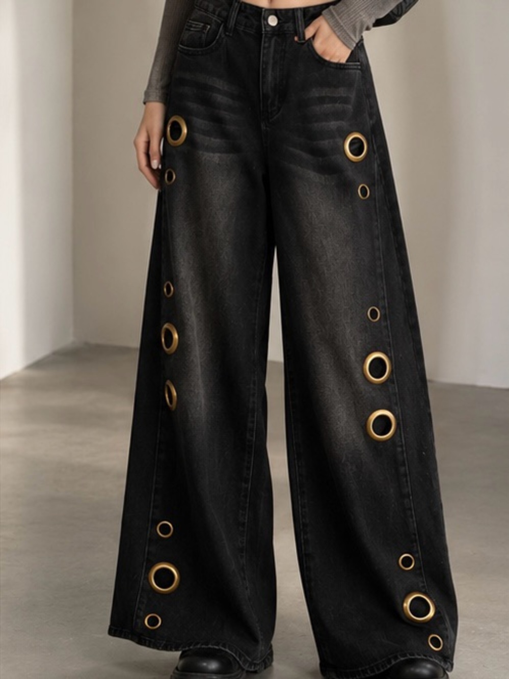 LIKE NEW Wide Leg Black Jeans with Gold Eyelet Detail - Women